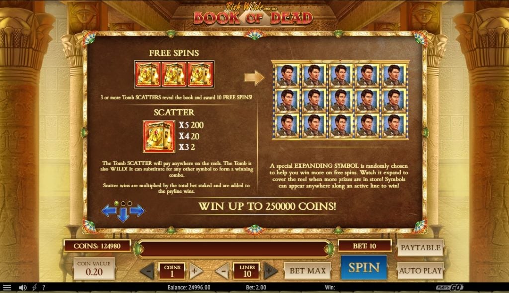 book of dead paytable