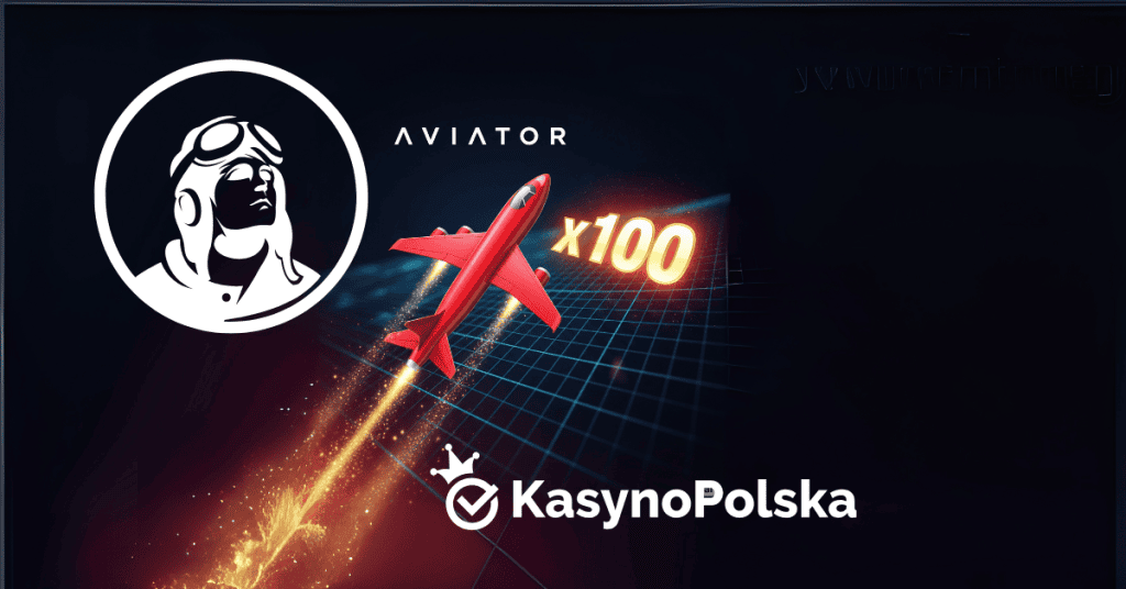 Dynamiczna grafika promocyjna gry kasynowej Aviator, pokazująca czerwony samolot wznoszący się obok świecącego mnożnika x100 na ciemnym tle siatki.