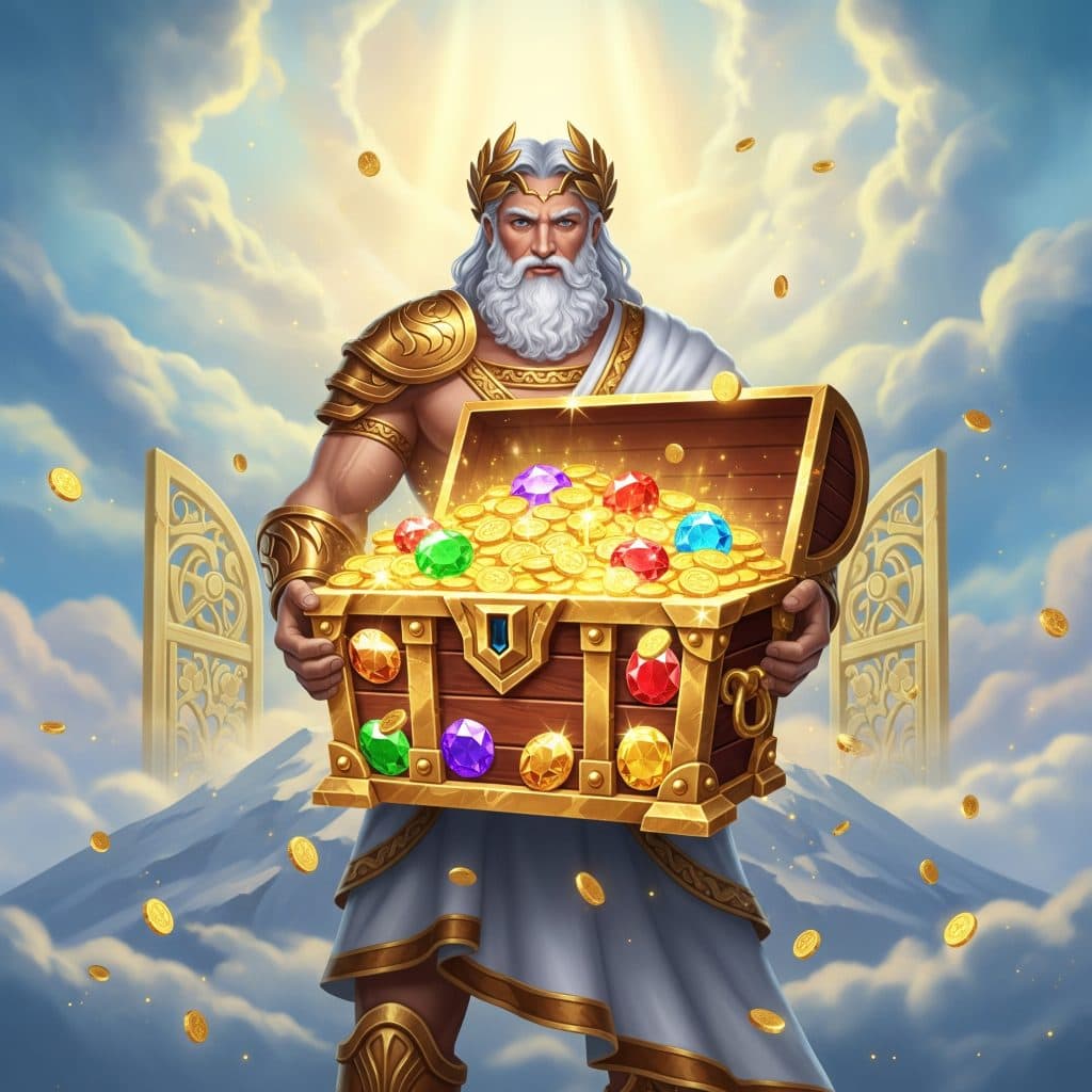 Zeus trzymający otwartą, przepełnioną złotem i klejnotami skrzynię skarbów, symbolizującą wielkie bonusy.