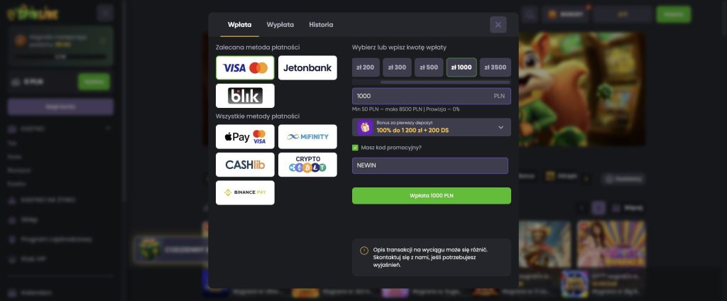 Spinline Casino Metody płatności