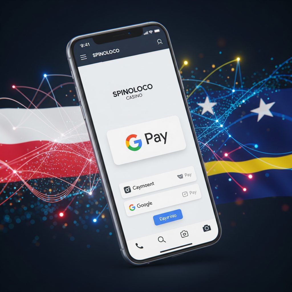 Grafika przedstawiająca kasyno online, które akceptuje płatności Google Pay. Na ekranie smartfona widoczne jest logo Spinoloco Casino i logo Google Pay, na tle polskiej i karaibskiej flagi.