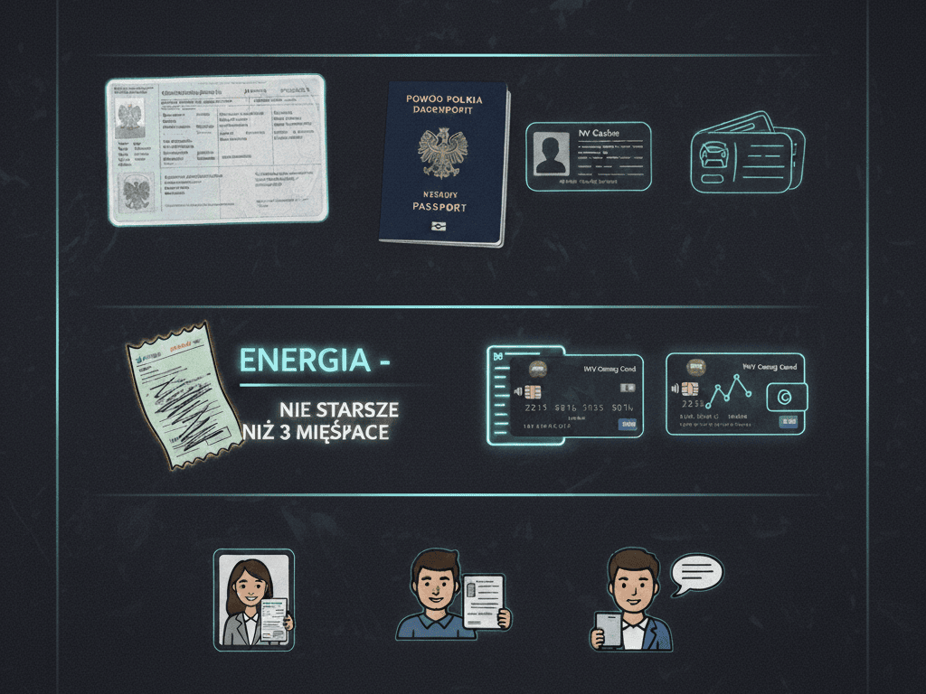 Infografika przedstawiająca dokumenty potrzebne do weryfikacji tożsamości w kasynie online, takie jak dowód osobisty, paszport i rachunek za media.